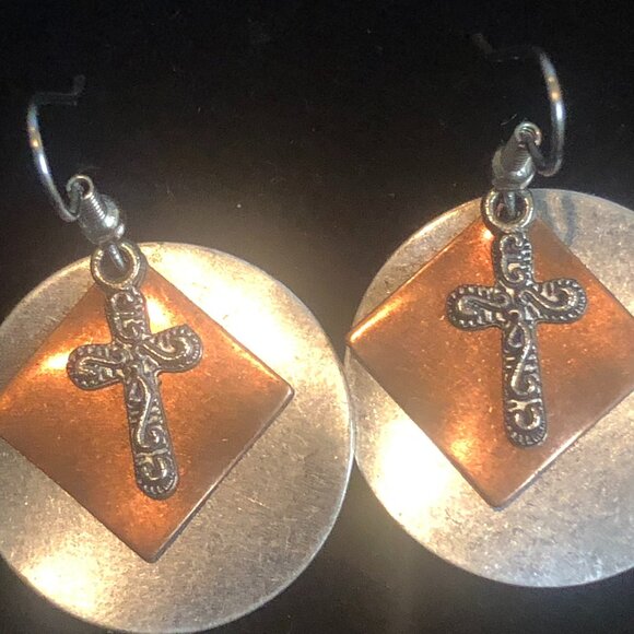 Western Dangle Earrings Mixed Metal Cross Design Rustic Boho Christian Jewelry - Picture 1 of 3
